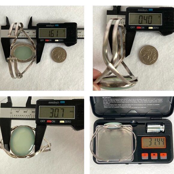 Sterling Silver 925 Large Oval Green Chalcedony Split Band Cuff Bracelet Sz 8" - Picture 11 of 16